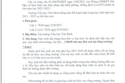 Thông báo về việc tập trung học sinh năm học 2021-2022