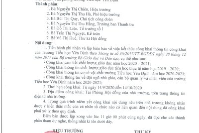 Biên bản về việc kết thúc niêm yết công khai theo Thông tư 36/2017/TT-BGDĐT ngày 28/12/2017 của Bộ giáo dục và đào tạo năm học 2020-2021